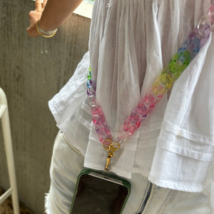 Cross body phone strap - Clear Metalic Rainbow