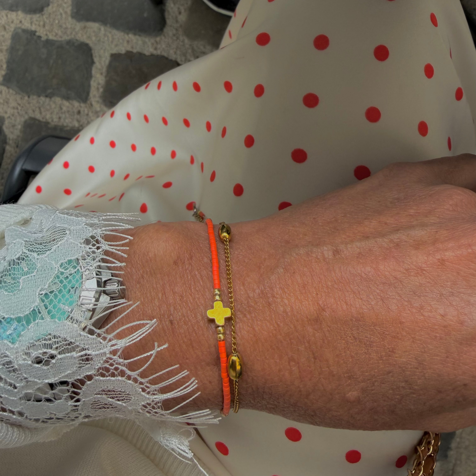 Delicate Cross bracelet, Coral