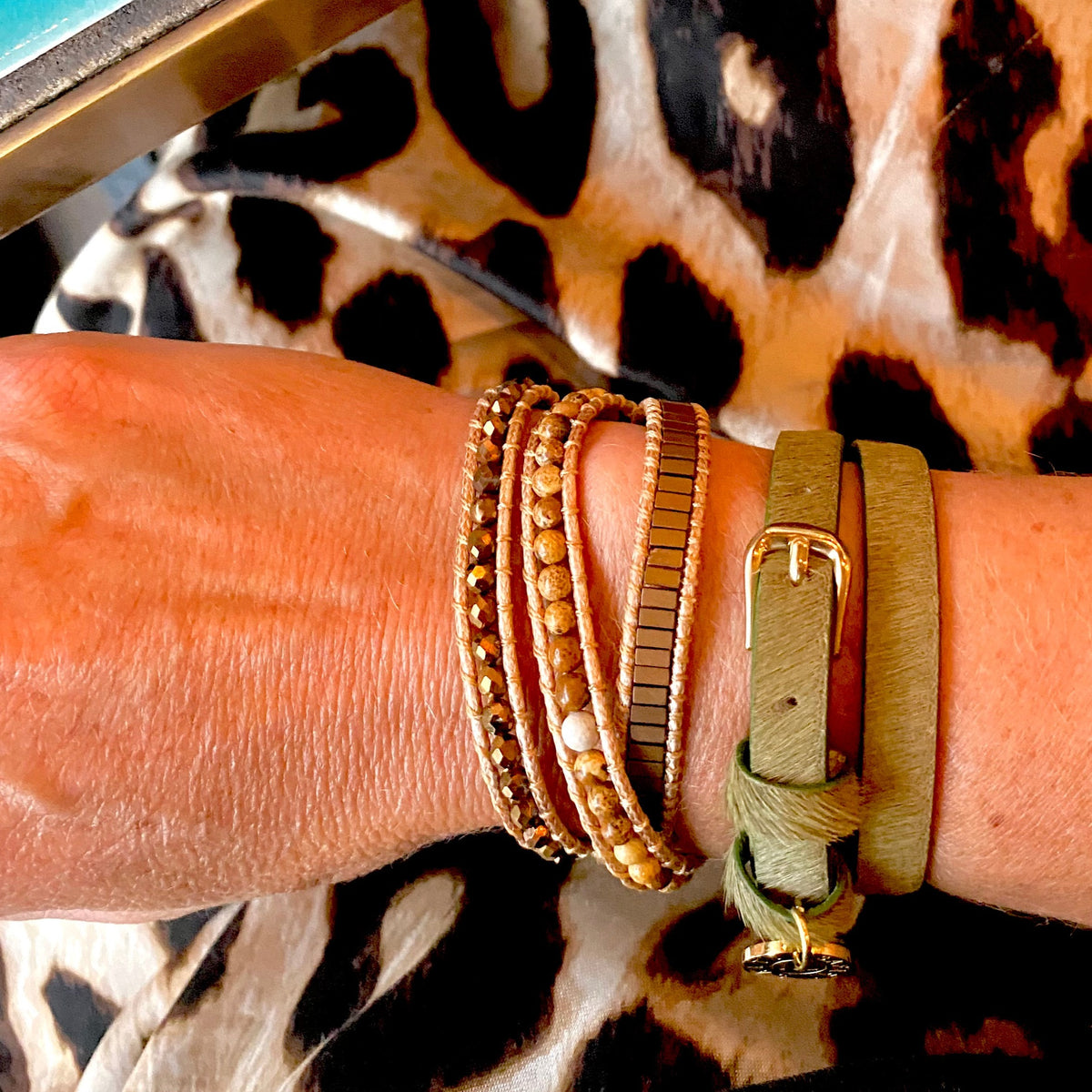 Khaki textured leather wrap Bracelet