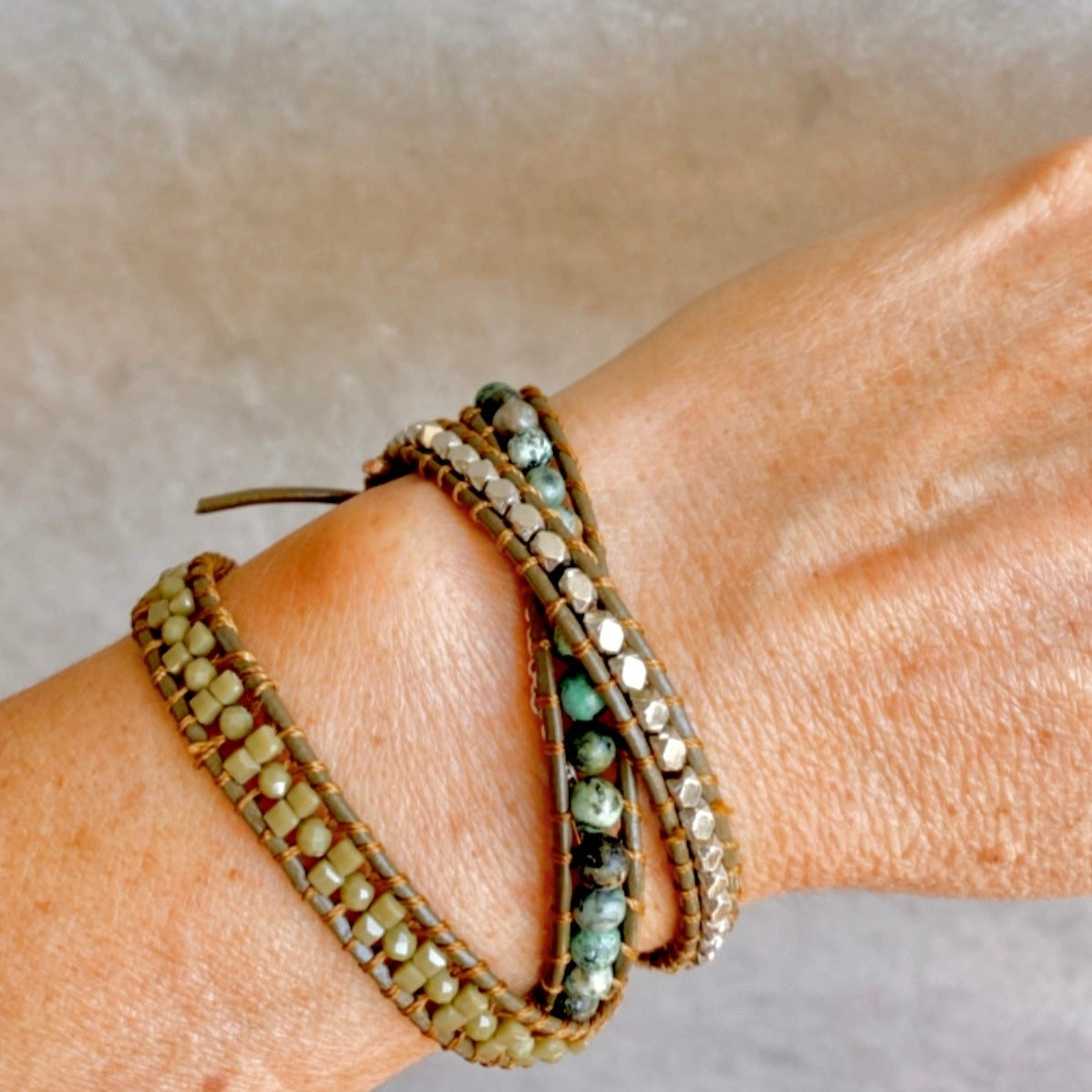 Olive Tones Three Layer Wrap Bracelet
