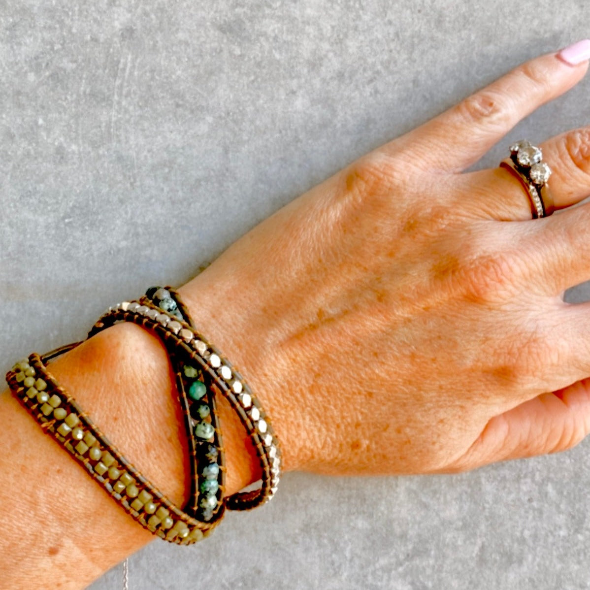 Olive Tones Three Layer Wrap Bracelet