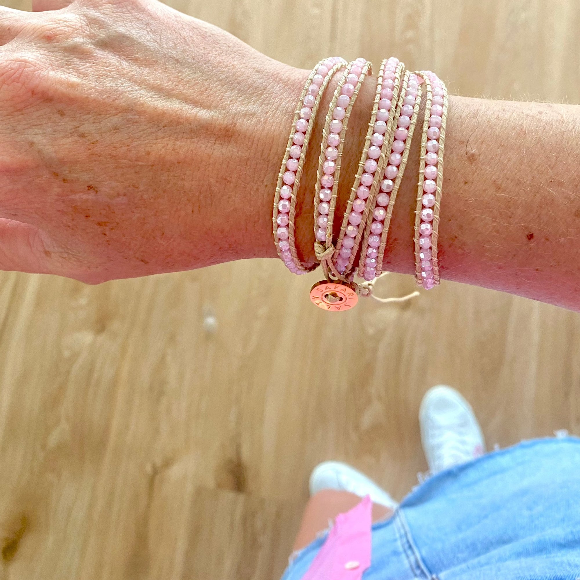 Delicate Five Wrap Bracelet, Sorbet Pink Crystals