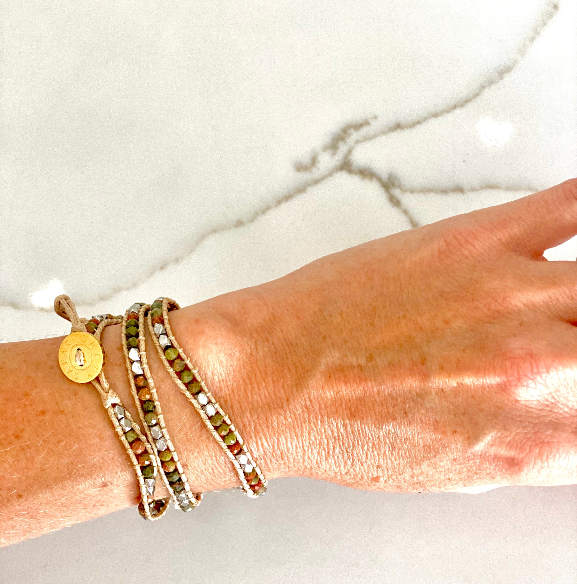 Delicate Wrap Bracelet, Mottle Olive Stone